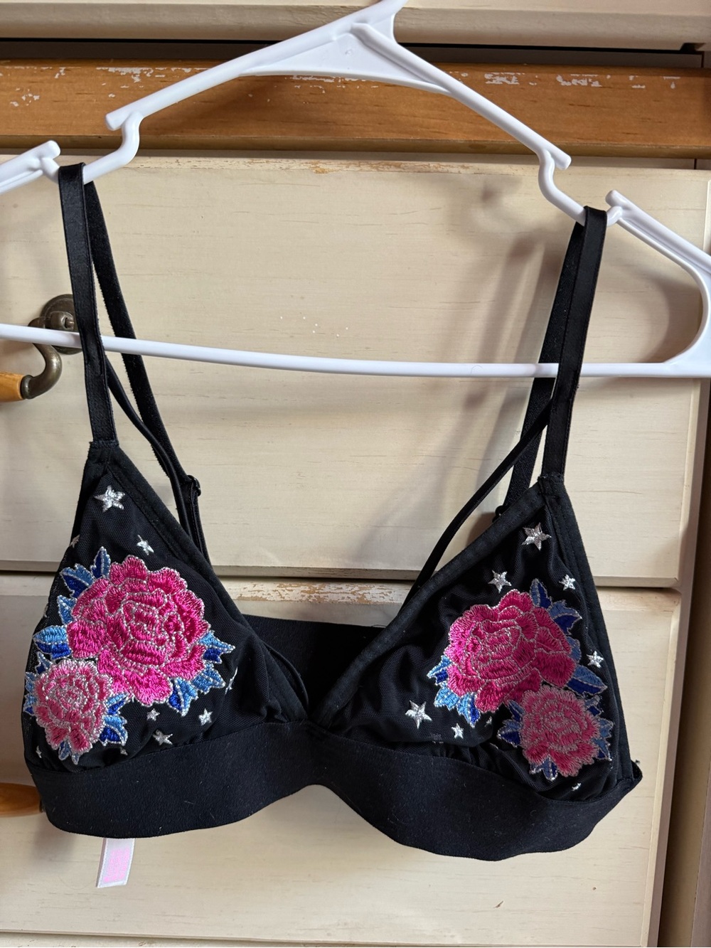 PINK Victoria's Secret Black Bralette with Pink Rose Embroidery